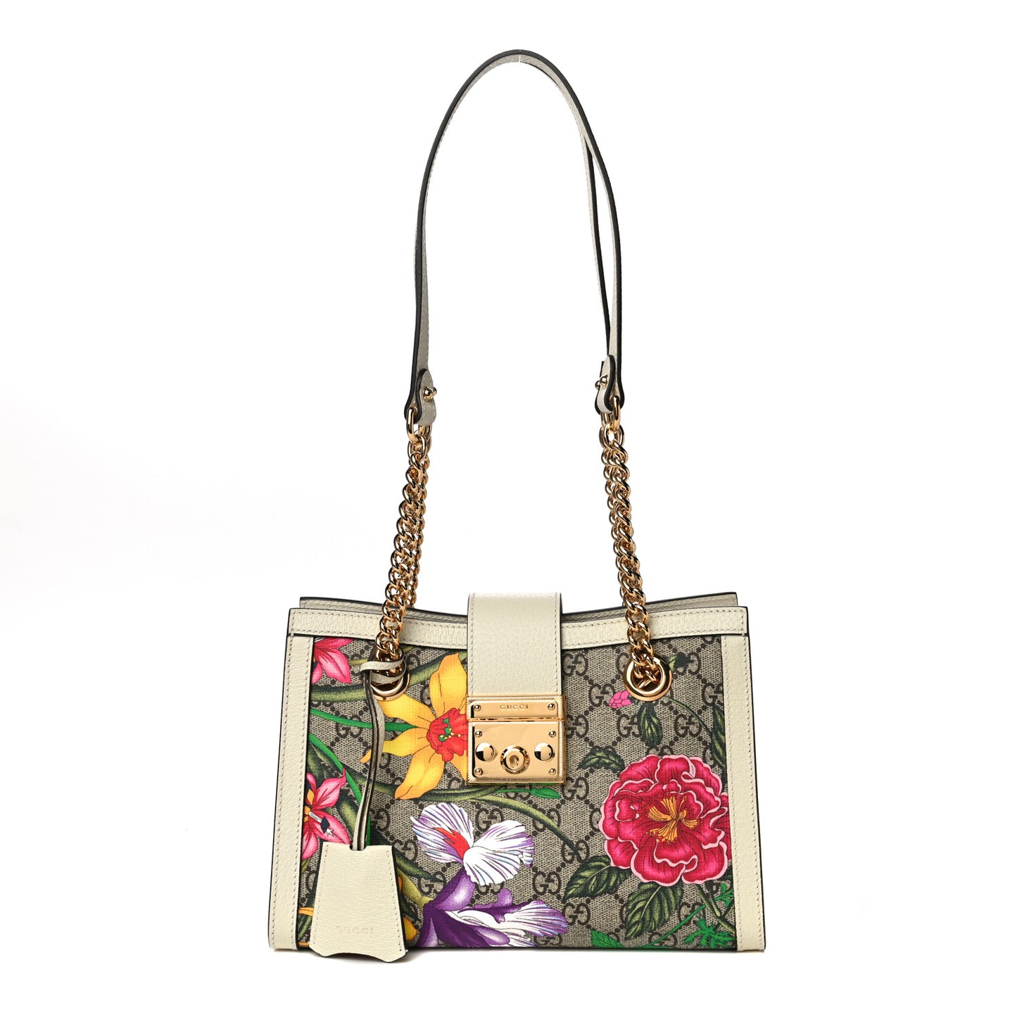 GG Supreme Monogram Flora Textured Calfskin Small Padlock Tote Beige Ebony Multicolor Mystic White