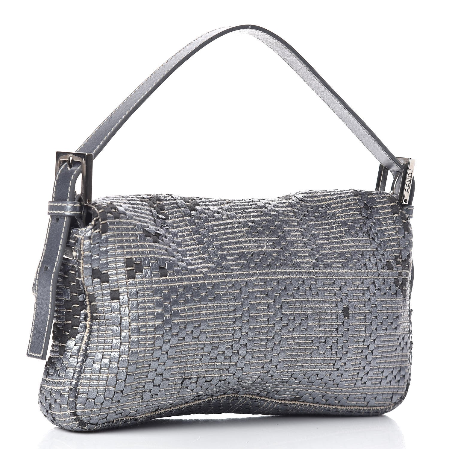 Fendi Metallic Lambskin Woven Baguette Light Grey 3 of 19