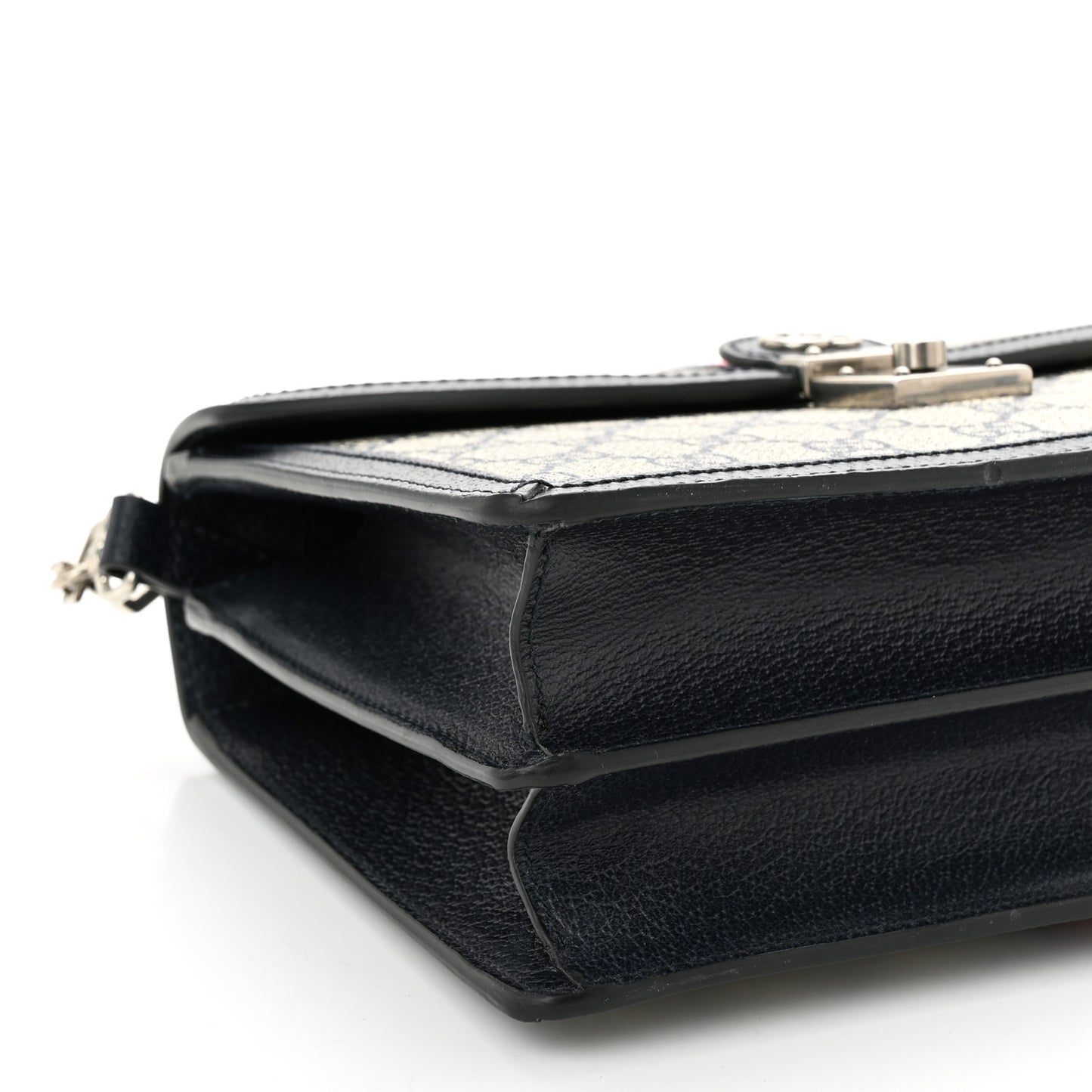 GG Supreme Monogram Textured Dollar Calfskin Web Small Ophidia Padlock Top Handle Bag Beige Blue