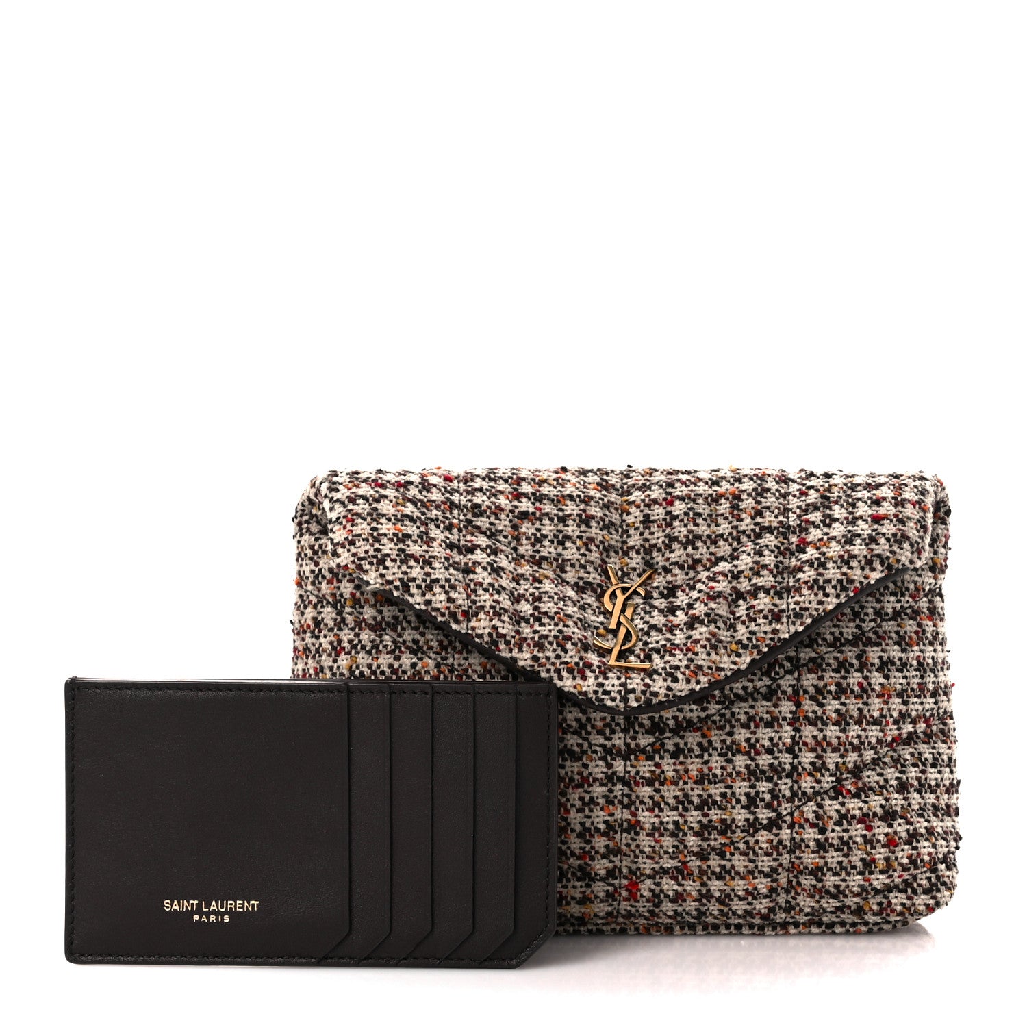 Saint Laurent Tweed Quilted Loulou Puffer Monogram Pouch Clutch Beige Umber Multicolor 3 of 15