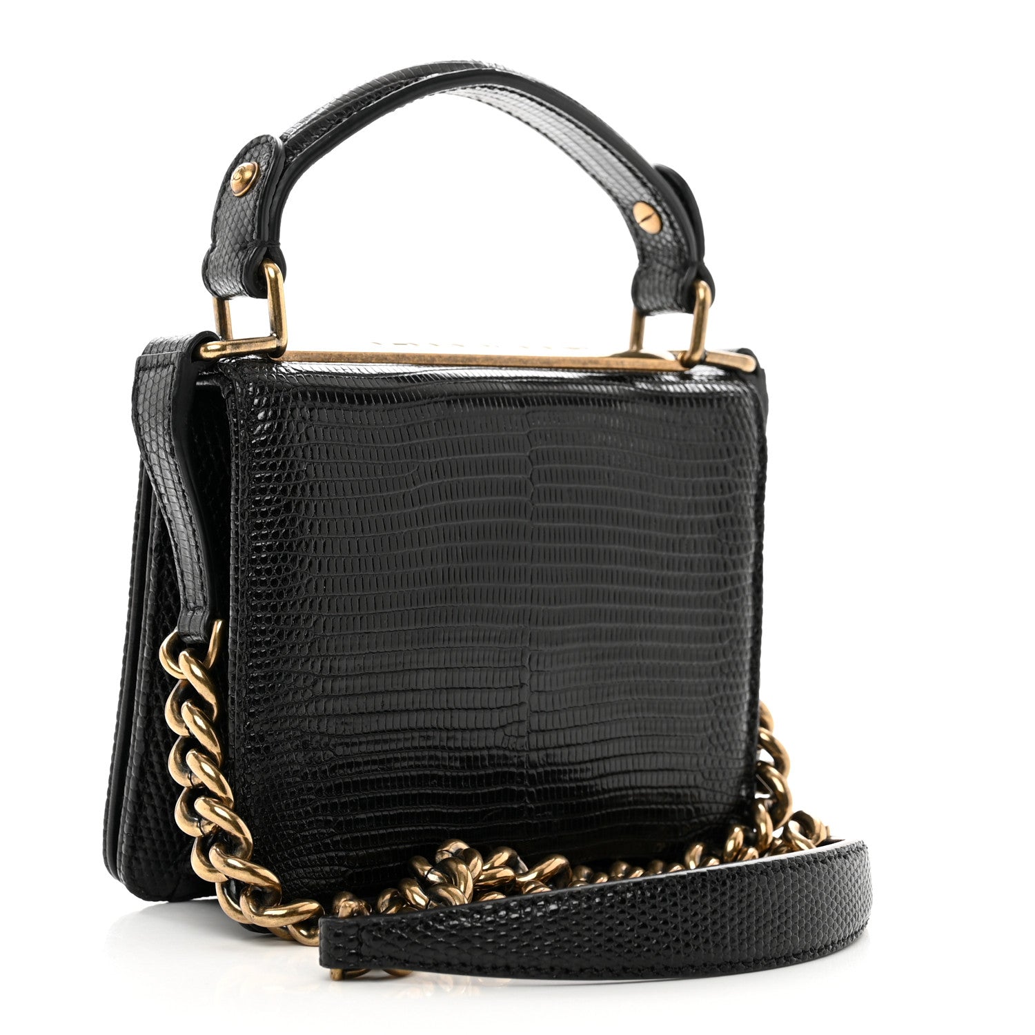 Chanel Lizard Mademoiselle Lock Top Handle Crossbody Flap Black 3 of 9