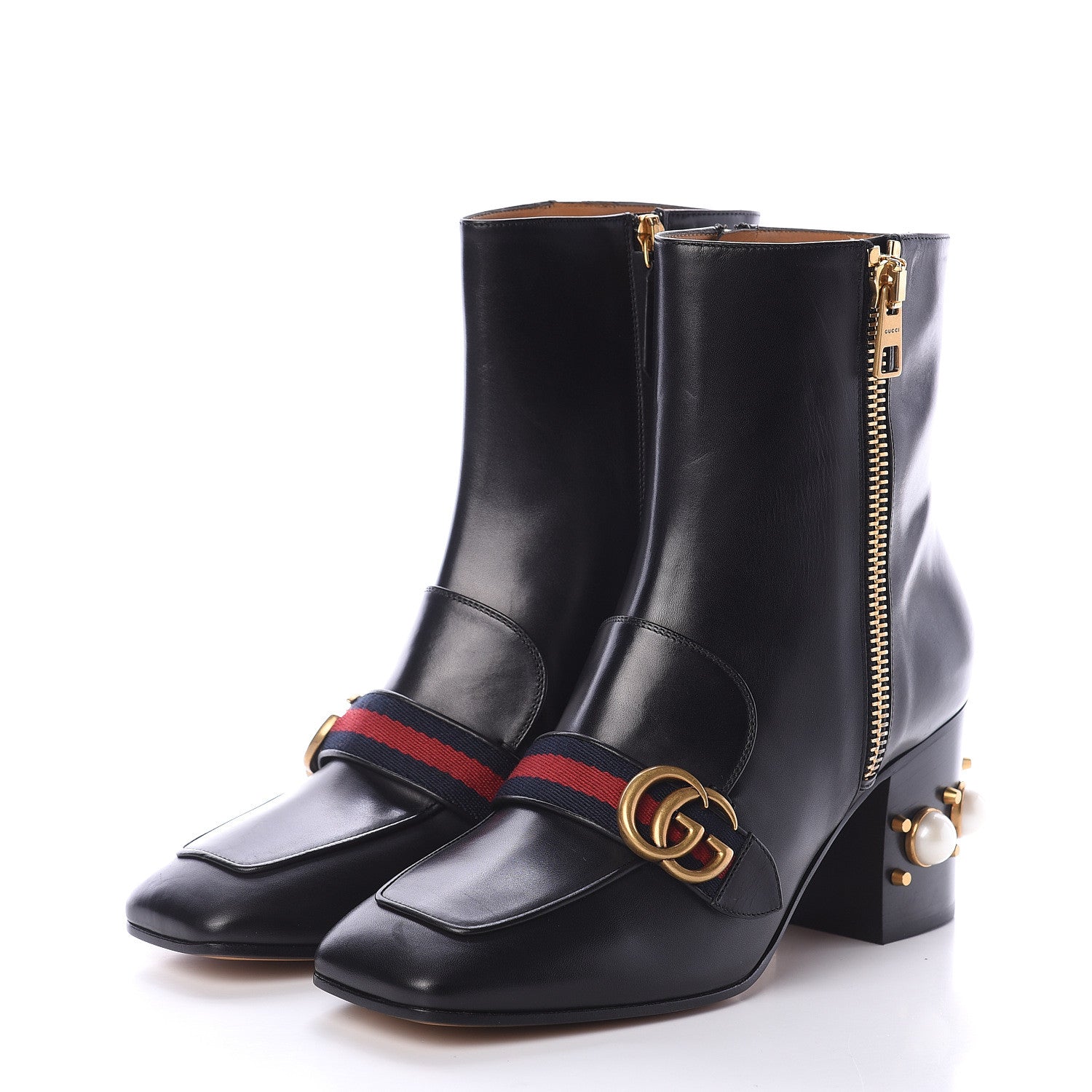 Gucci Betis Glamour Calfskin Web Pearl Embellished Peyton 75mm Ankle Boots 40.5 Black 3 of 6