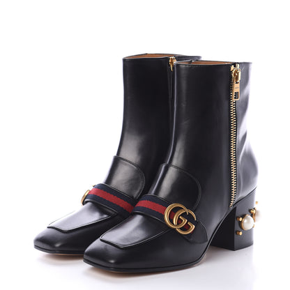 Gucci Betis Glamour Calfskin Web Pearl Embellished Peyton 75mm Ankle Boots 40.5 Black 3 of 6