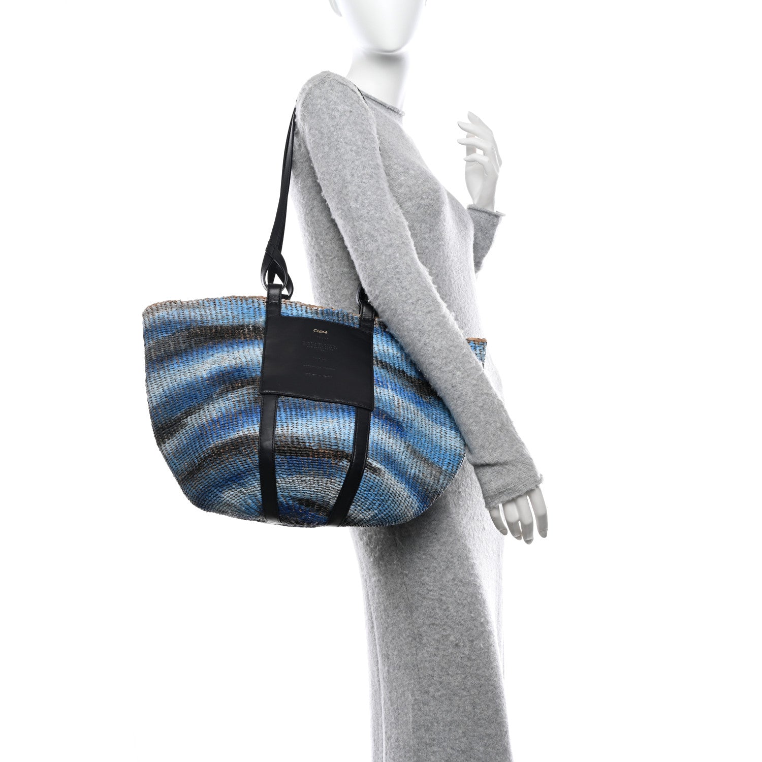 Chloe Raffia Calfskin Large Basket Tote Blue Multicolor 2 of 9