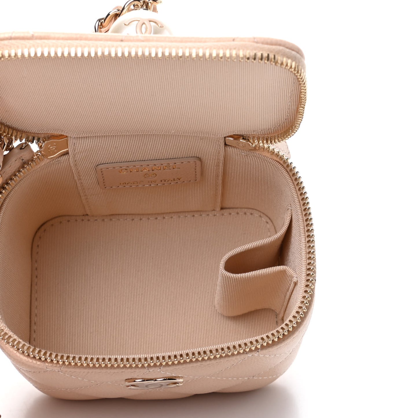 Iridescent Caviar Quilted Mini Pearl On Top Vanity Case With Chain Beige