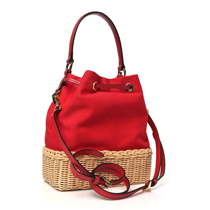 Prada Wicker Canvas Saffiano Bucket Bag Naturale Rosso 3 of 11