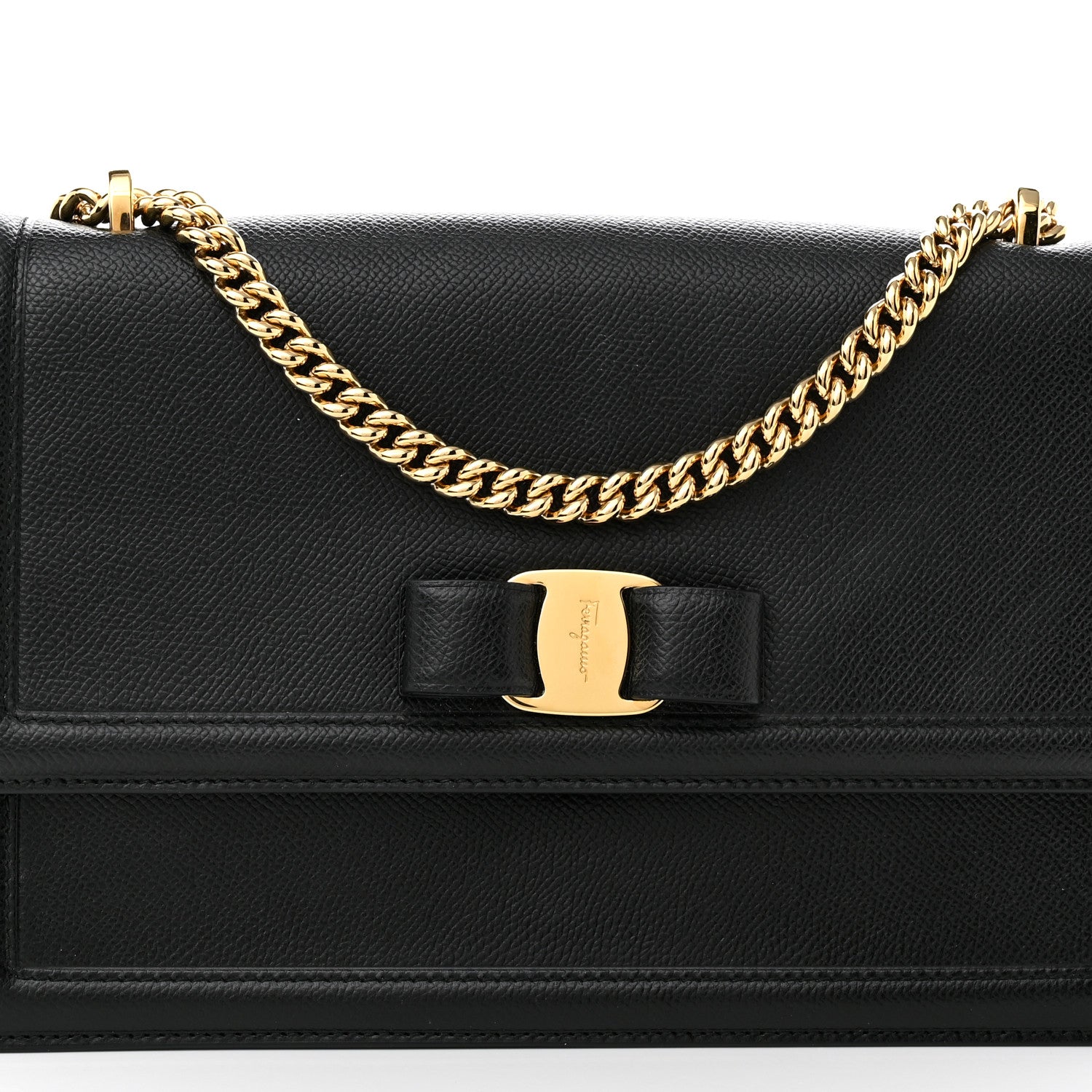 Salvatore Ferragamo Hammered Calfskin Vara Bow Chain Flap Crossbody Black 7 of 9