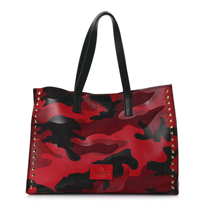 Valentino Garavani Nappa Canvas Camouflage Medium Rockstud Soft Tote Red 1 of 20