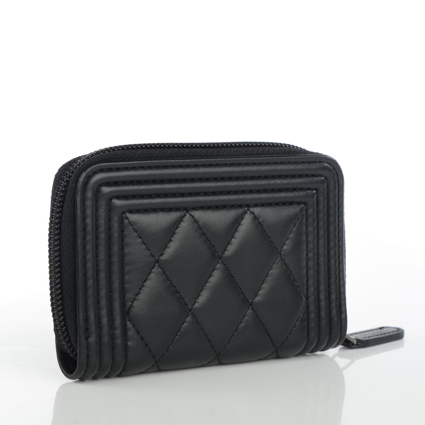 Lambskin Quilted Zip Around Boy Coin Purse Wallet Black