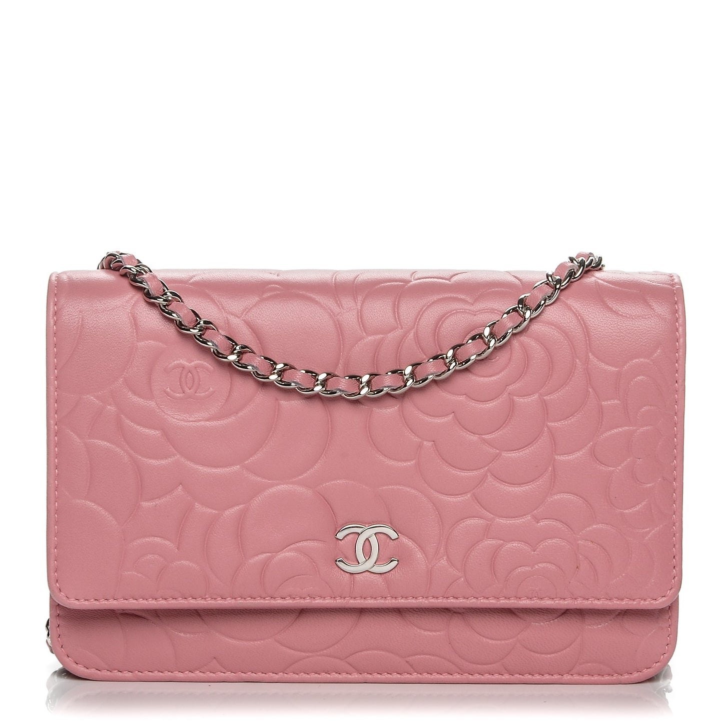 Lambskin Camellia Embossed Wallet On Chain WOC Pink
