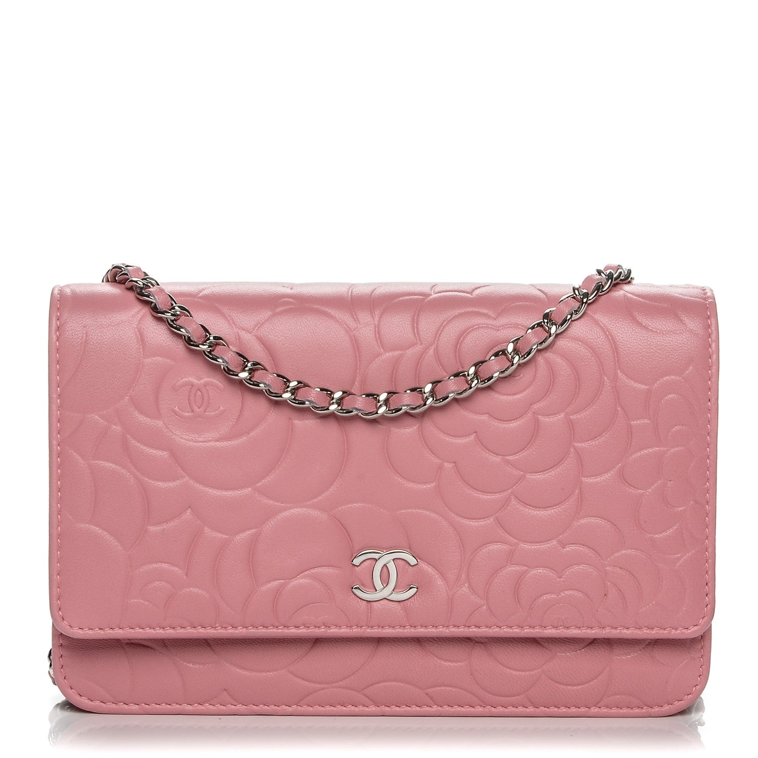 Chanel Lambskin Camellia Embossed Wallet On Chain WOC Pink 1 of 8