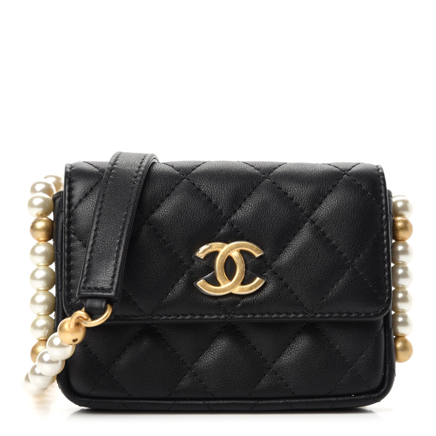 Calfskin Quilted About Pearls Card Holder Flap With Chain Black