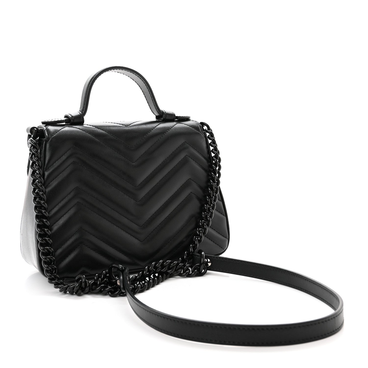Gucci Calfskin Matelasse Monochrome Mini GG Marmont Top Handle Shoulder Bag Black 3 of 14
