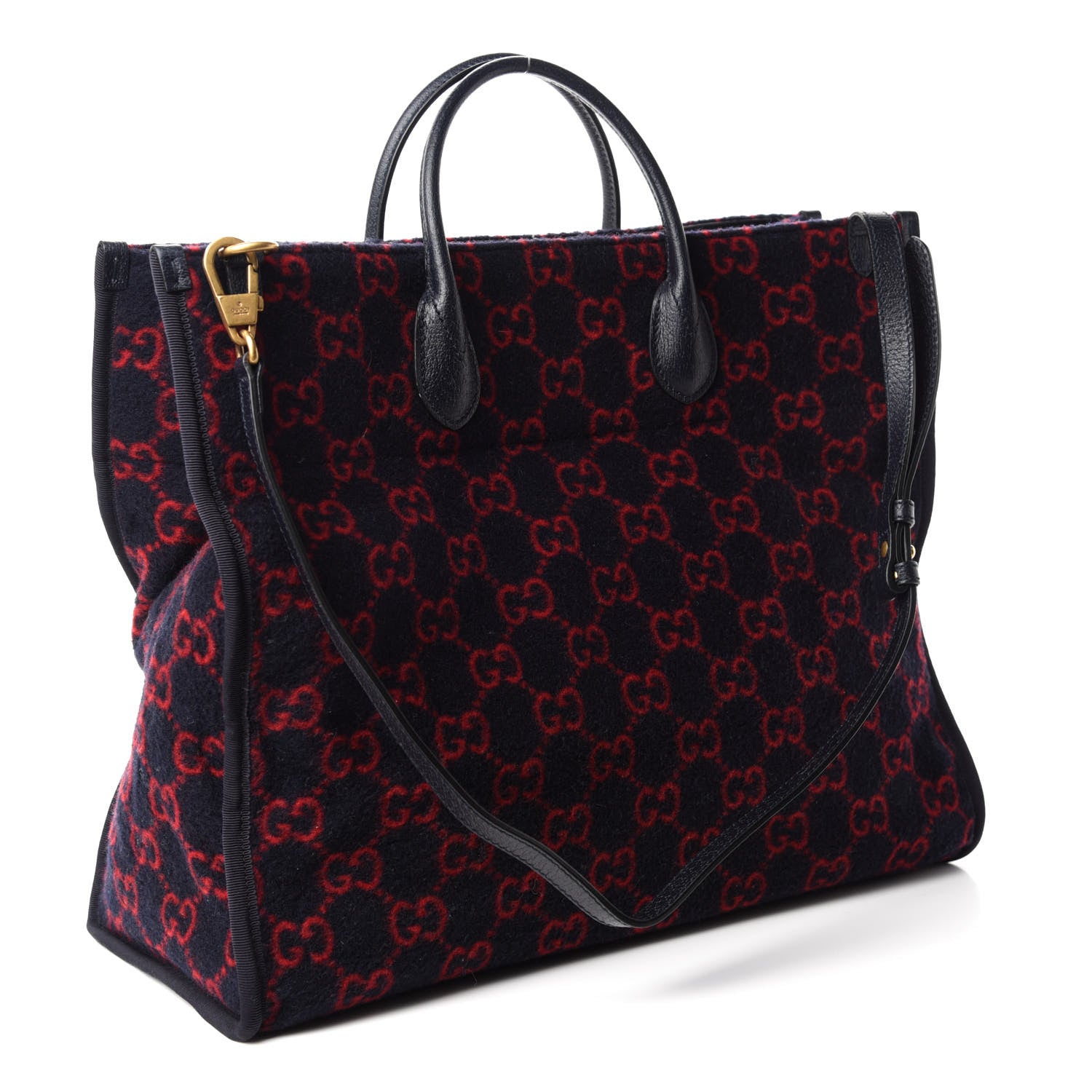 Gucci Covered Wool Textured Dollar Calfskin GG Monogram Large Tote Bag Blue Red 3 of 10