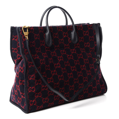 Gucci Covered Wool Textured Dollar Calfskin GG Monogram Large Tote Bag Blue Red 3 of 10