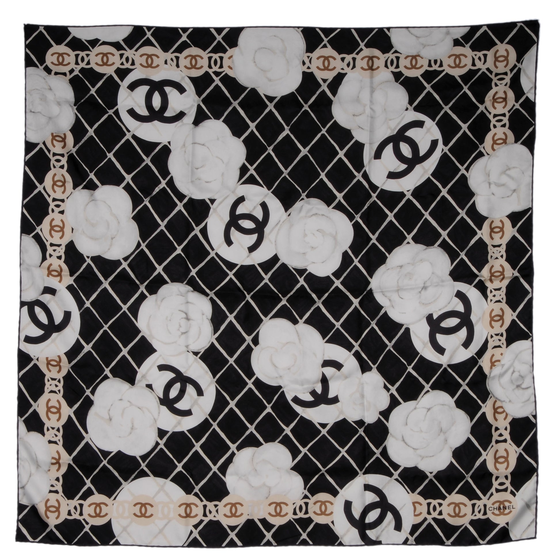 Chanel Silk CC Logo Camellia Scarf White Black 2 of 5