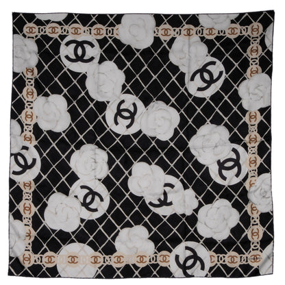 Chanel Silk CC Logo Camellia Scarf White Black 2 of 5