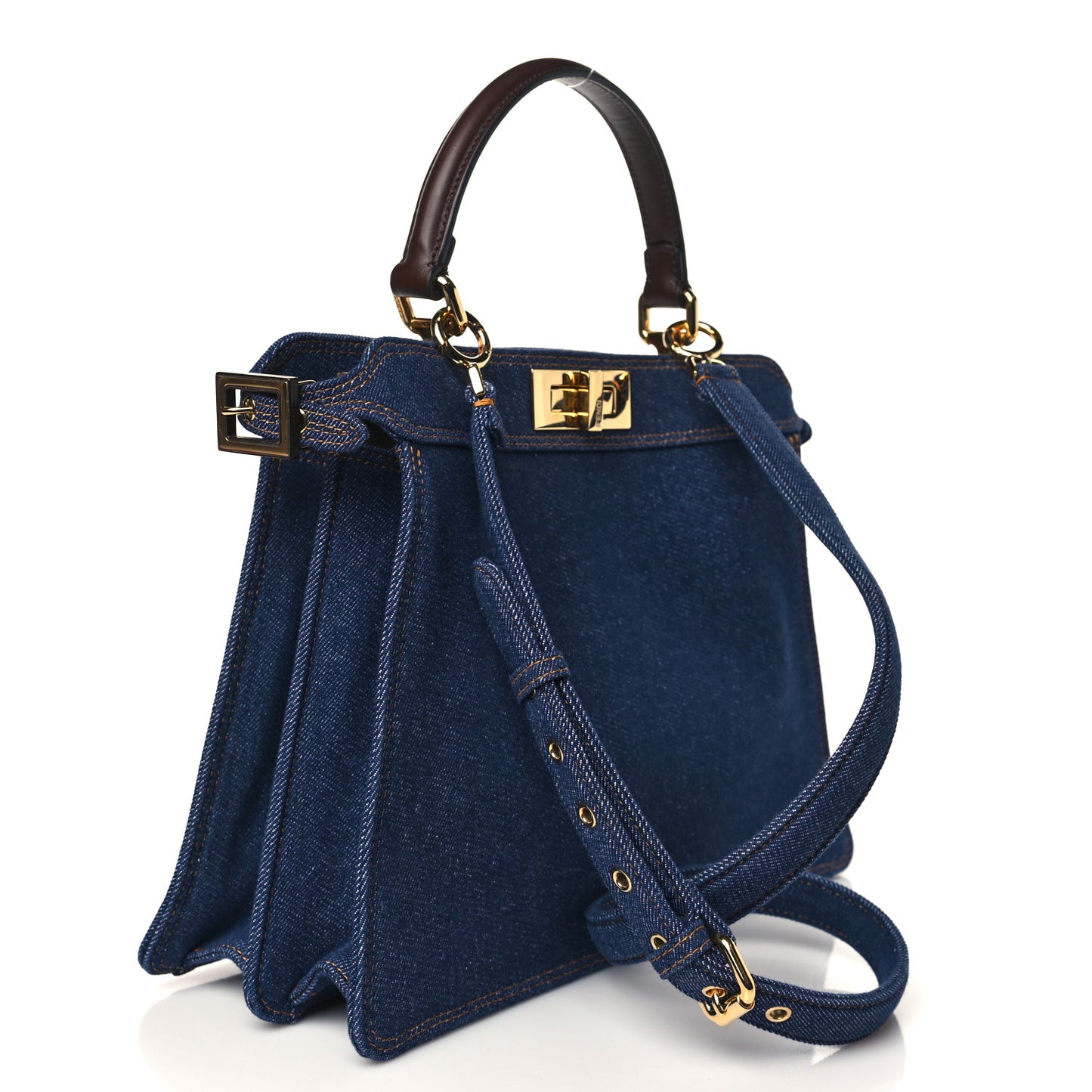 Denim Fabric Jacquard Cuoio FF 1974 Medium Peekaboo I SEE U Satchel Blue Tobacco Moro