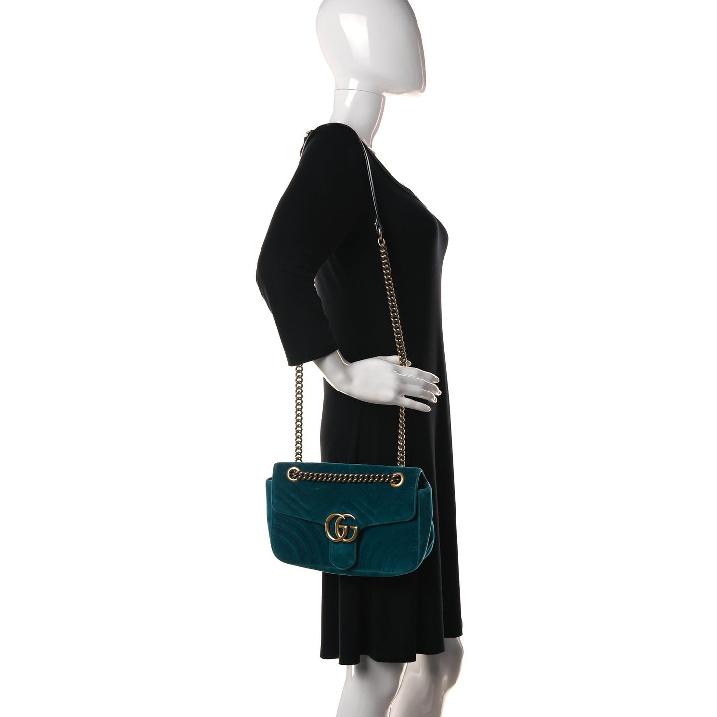 Velvet Matelasse Small GG Marmont Shoulder Bag Pavone Cyan