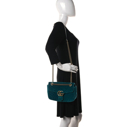 Gucci Velvet Matelasse Small GG Marmont Shoulder Bag Pavone Cyan 2 of 28
