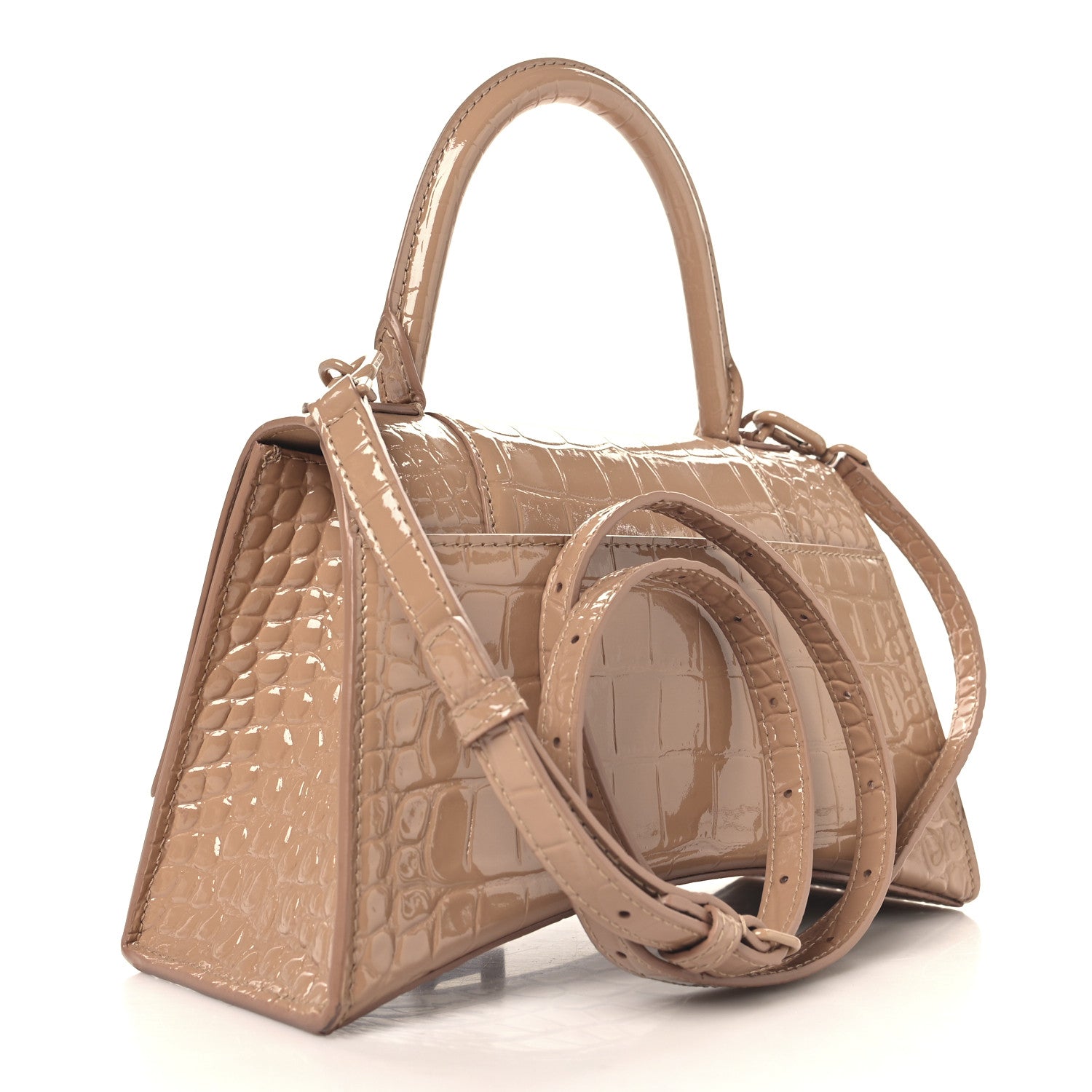 Balenciaga Shiny Calfskin Monochrome Crocodile Embossed Small Hourglass Top Handle Bag Nude Beige 3 of 9