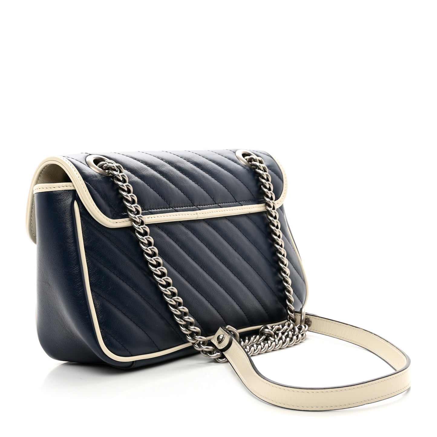 Vintage Effect Calfskin Matelasse Diagonal Small Torchon GG Marmont Shoulder Bag Blue Agata Mystic White