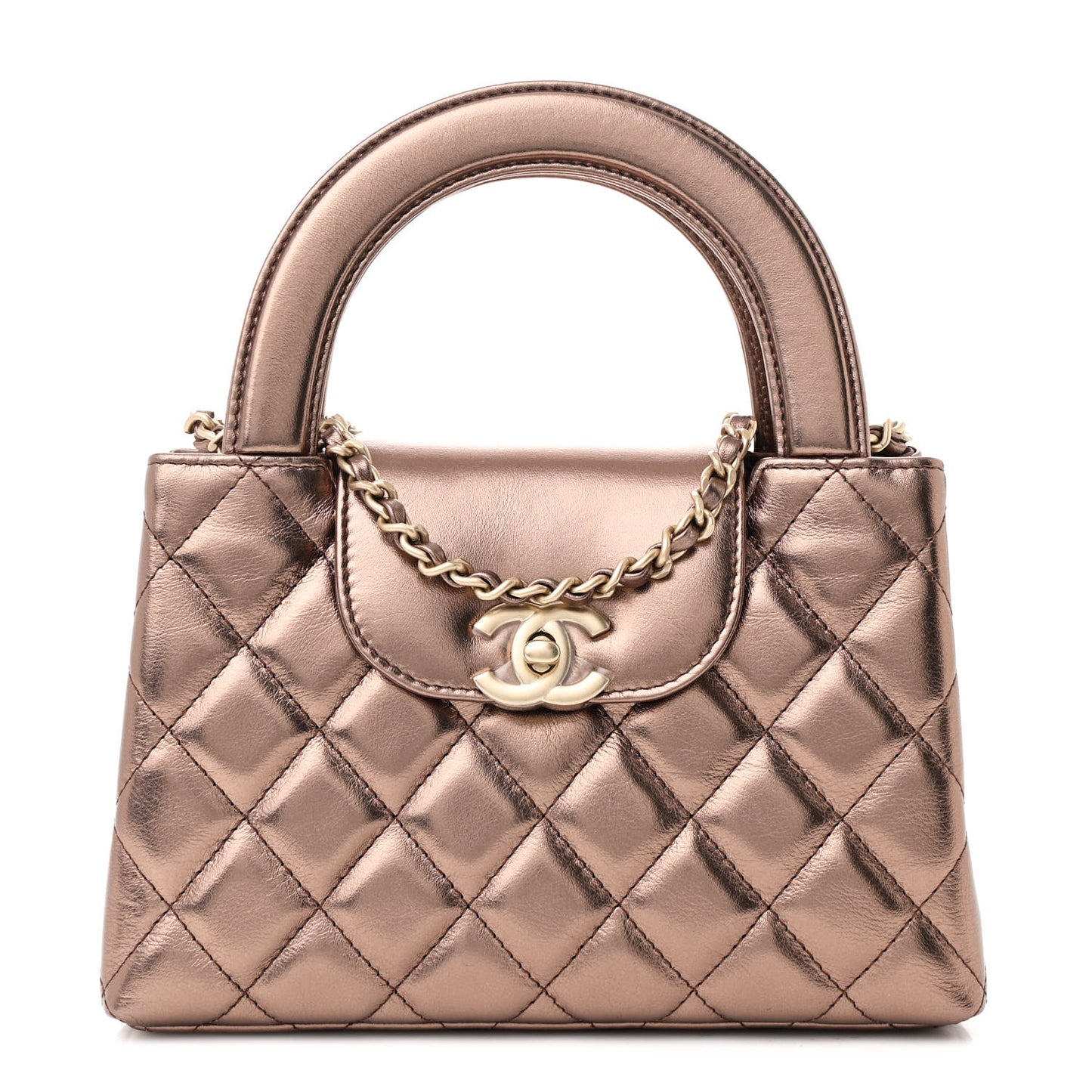 Metallic Aged Calfskin Quilted Nano Kelly Shopper Light Brown