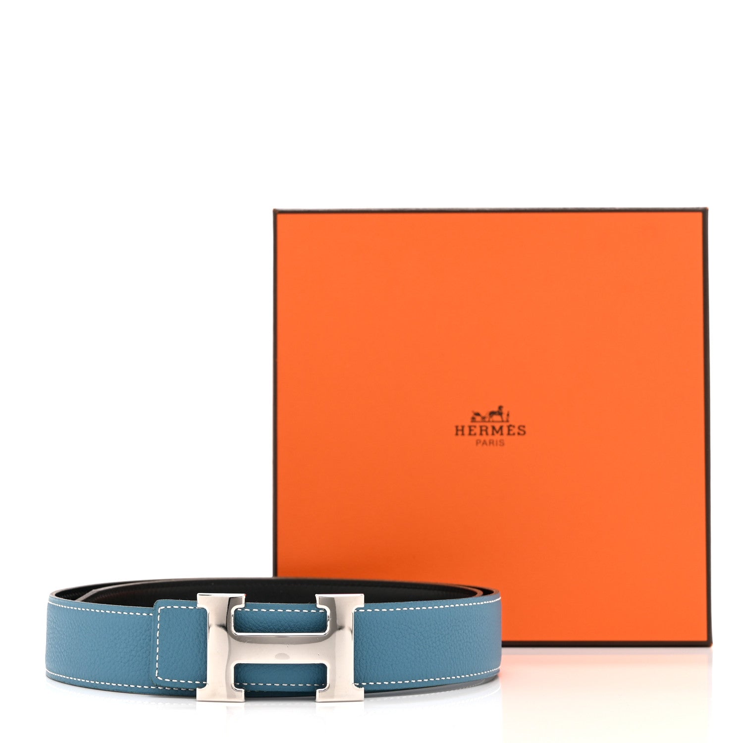 Hermes Togo Box 32mm H Belt 85 Blue Jean Black 6 of 6