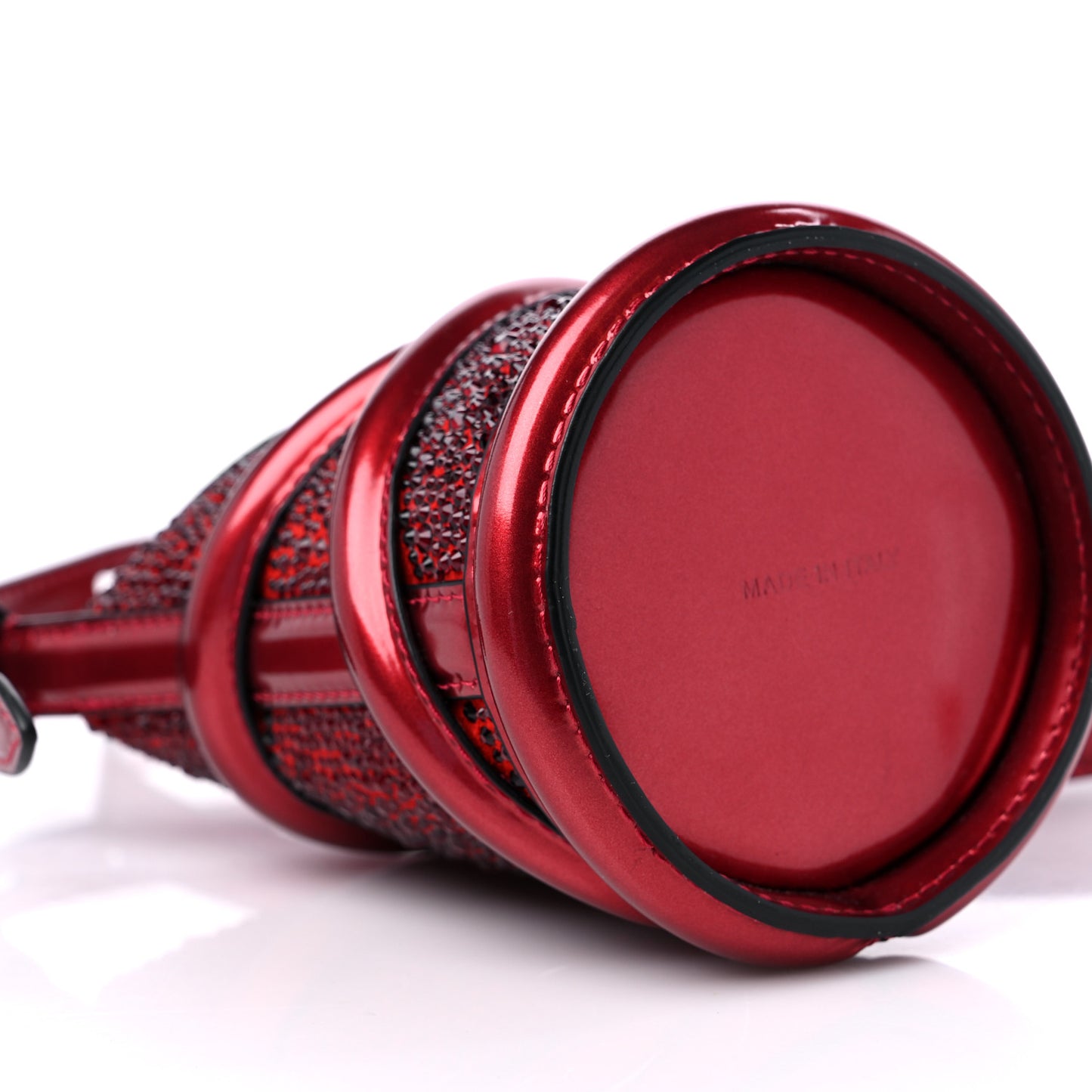 Metallic Calfskin Crystal Micro Curve Bucket Bag Red