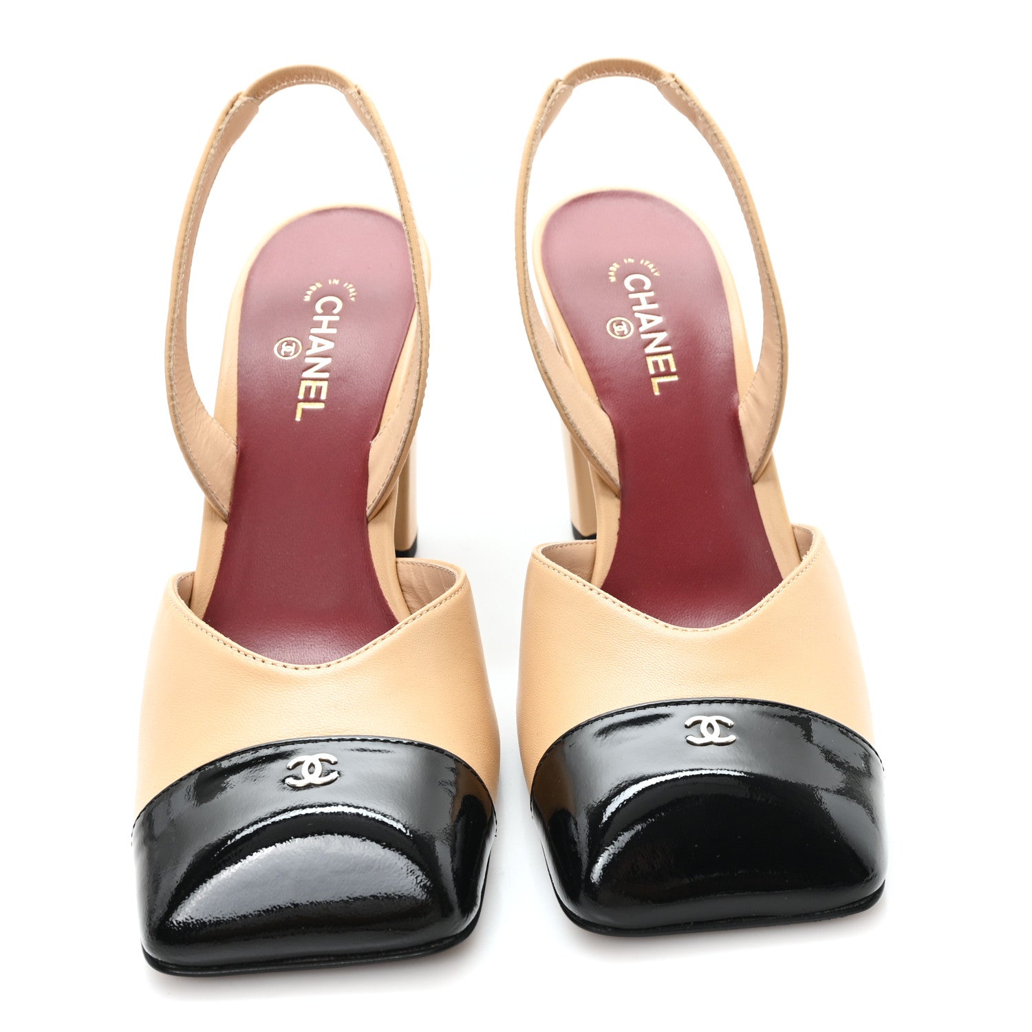 Chanel Lambskin Patent Calfskin Cap Toe CC Slingback Pumps 37 Beige Black 2 of 9
