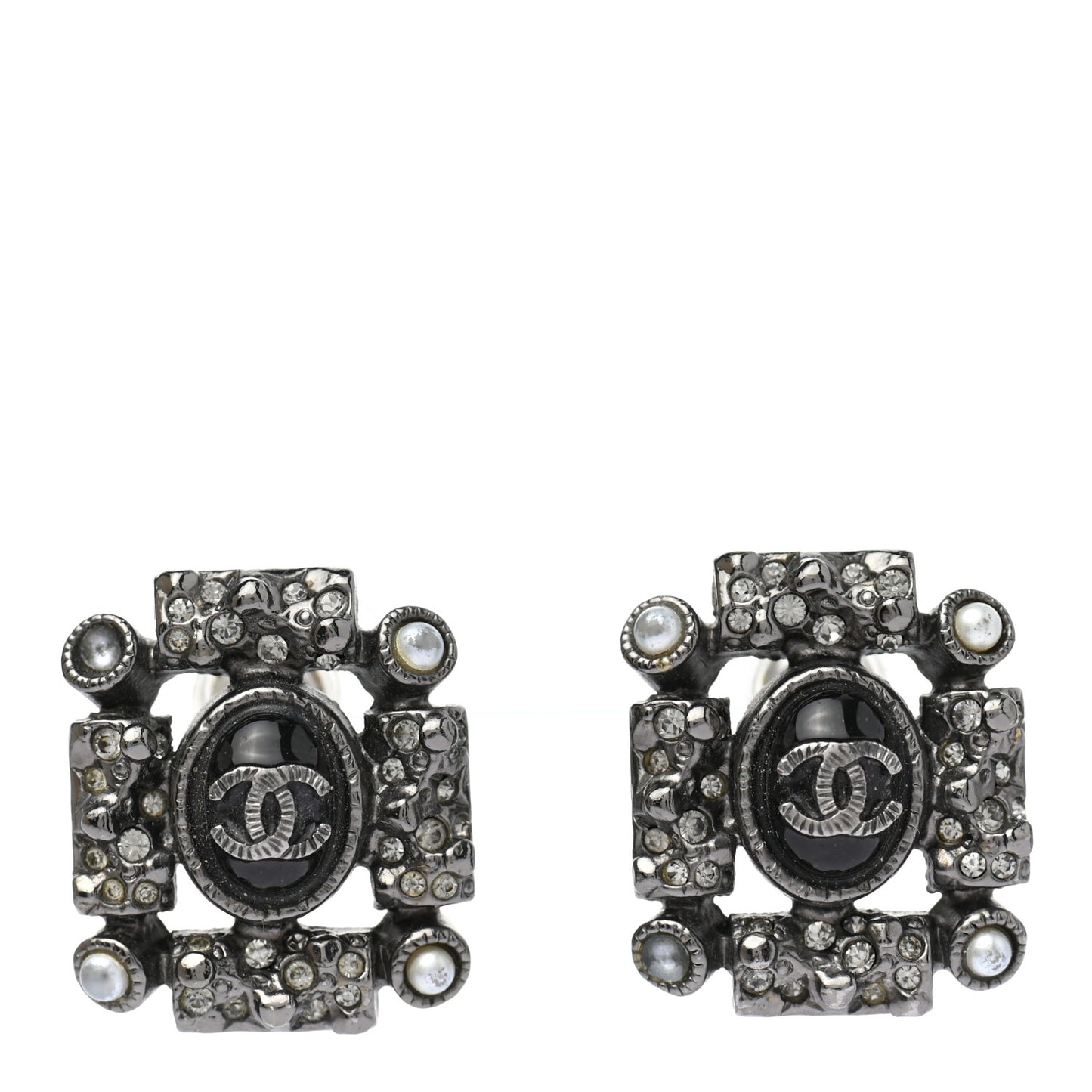 Ruthenium Pearl Crystal Enamel CC Square Earrings Silver