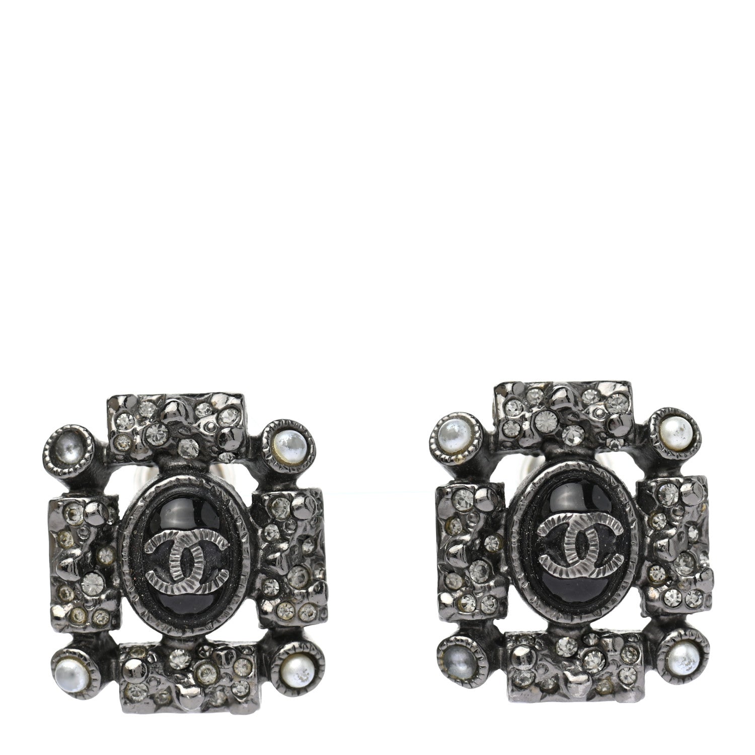 Chanel Ruthenium Pearl Crystal Enamel CC Square Earrings Silver 1 of 8