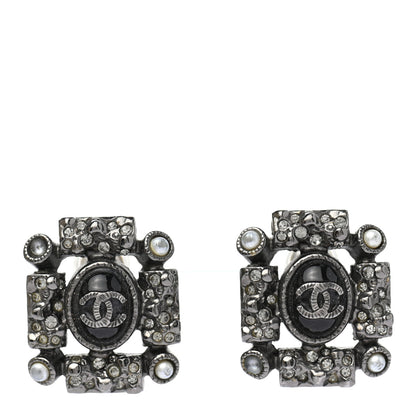 Chanel Ruthenium Pearl Crystal Enamel CC Square Earrings Silver 1 of 8