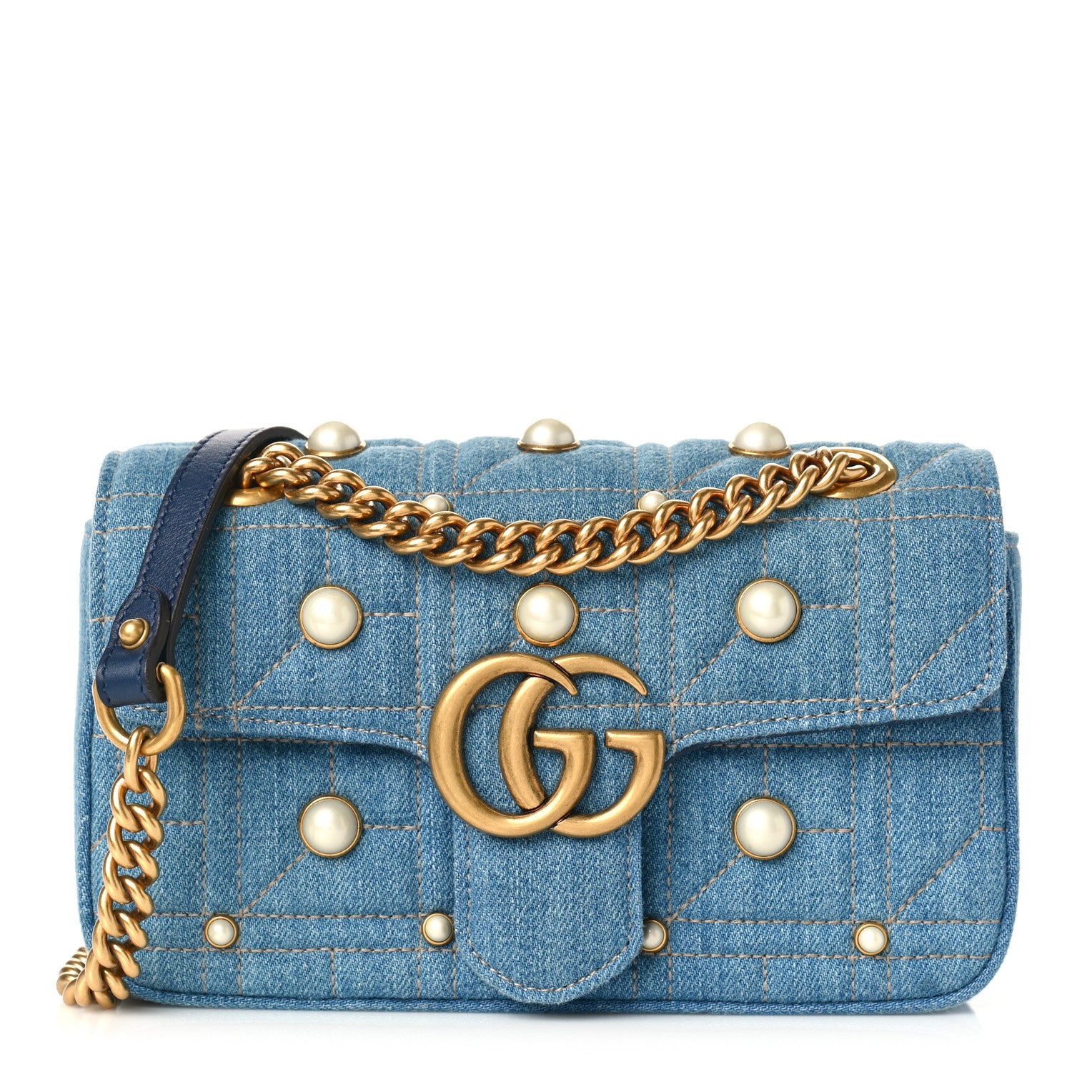 Gucci Denim Matelasse Pearl Studded Mini GG Marmont Shoulder Bag Blue 1 of 9