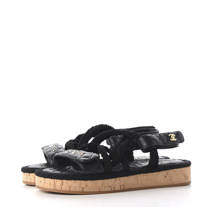 Chanel Cord Lambskin Quilted Logo Sandals 38 Black 3 of 10