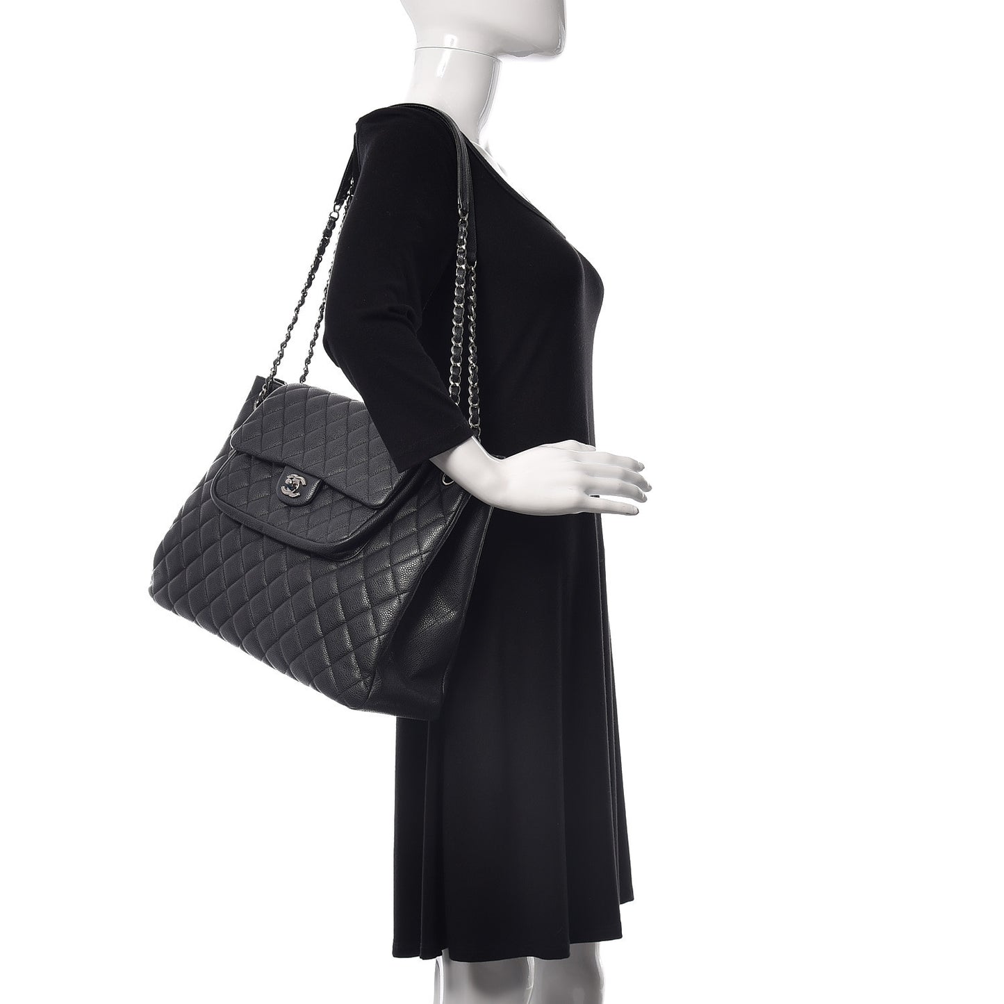 Caviar Quilted Flap Tote Dark Grey