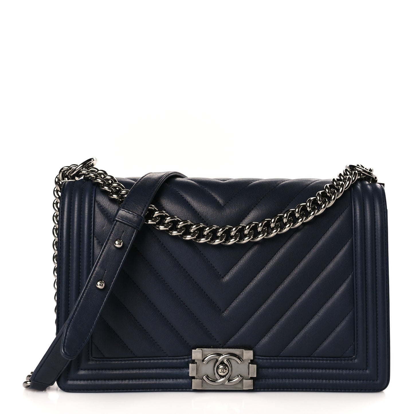 Calfskin Chevron Quilted New Medium Boy Flap Dark Navy Blue