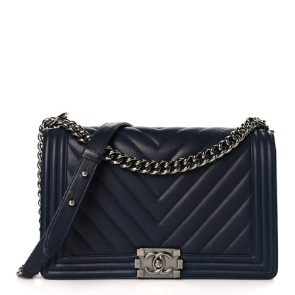 Chanel Calfskin Chevron Quilted New Medium Boy Flap Dark Navy Blue 1 of 10