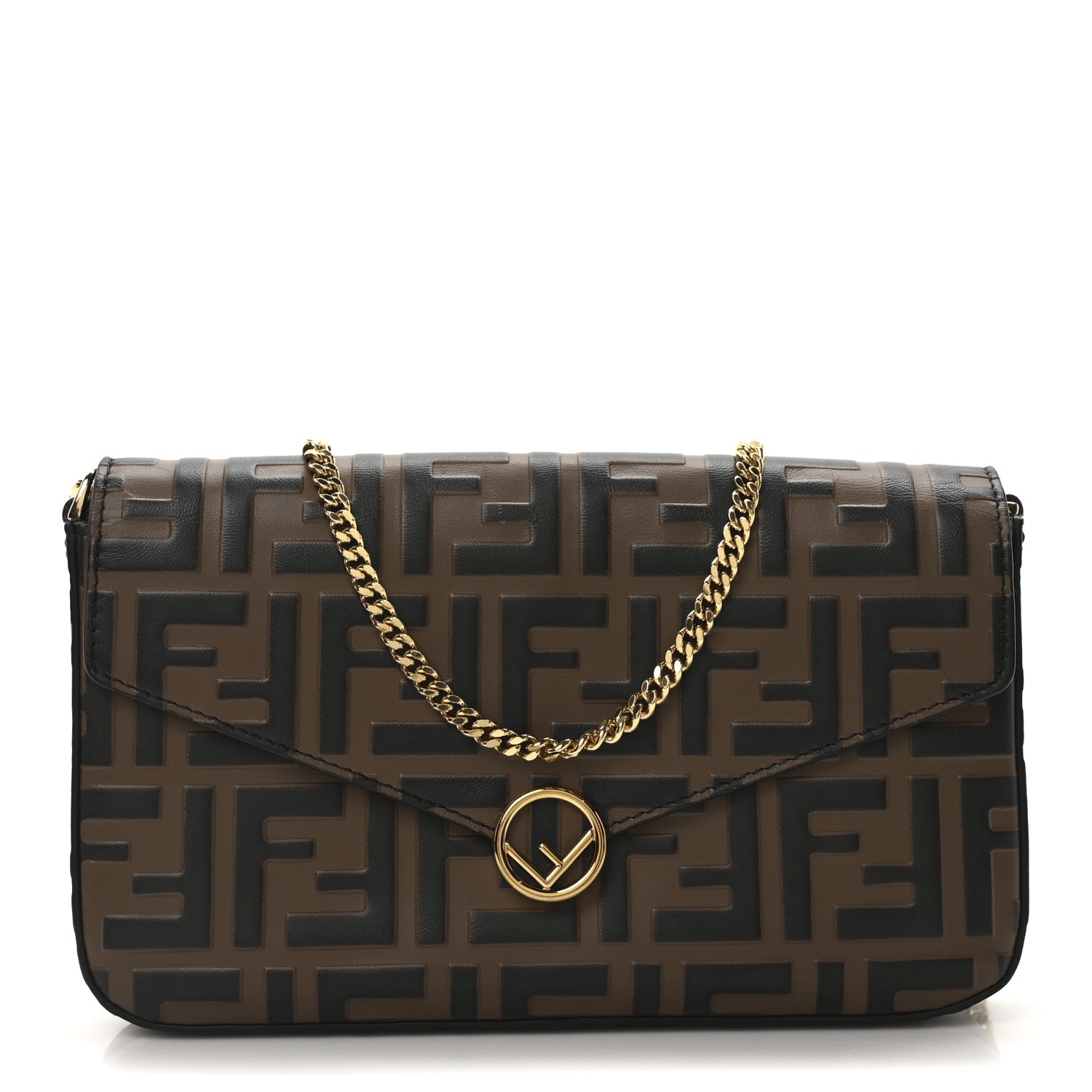 Fendi Vitello Soft F is Fendi Bi-Color FF 1974 Embossed Envelope Wallet On Chain with Pouches Maya Black 1 of 14
