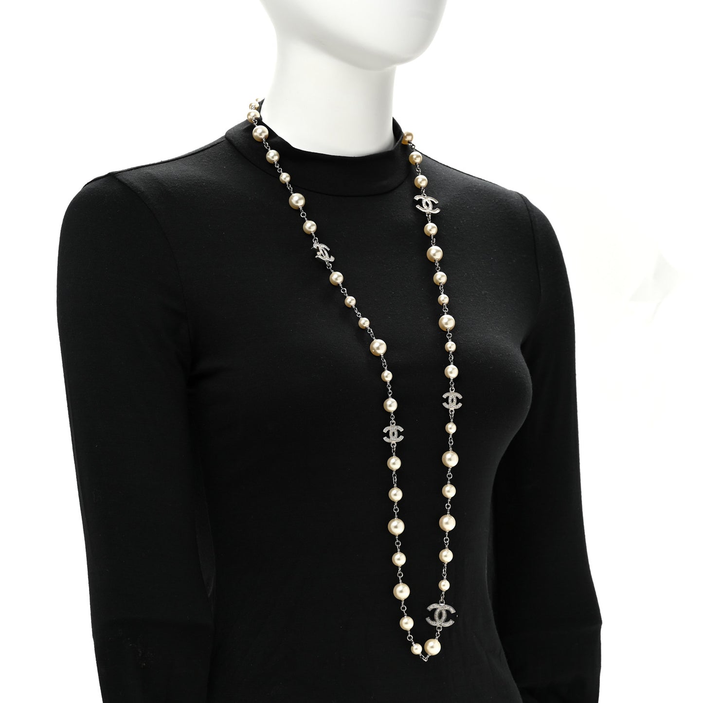 Graduated Pearl Crystal CC Long Necklace Silver