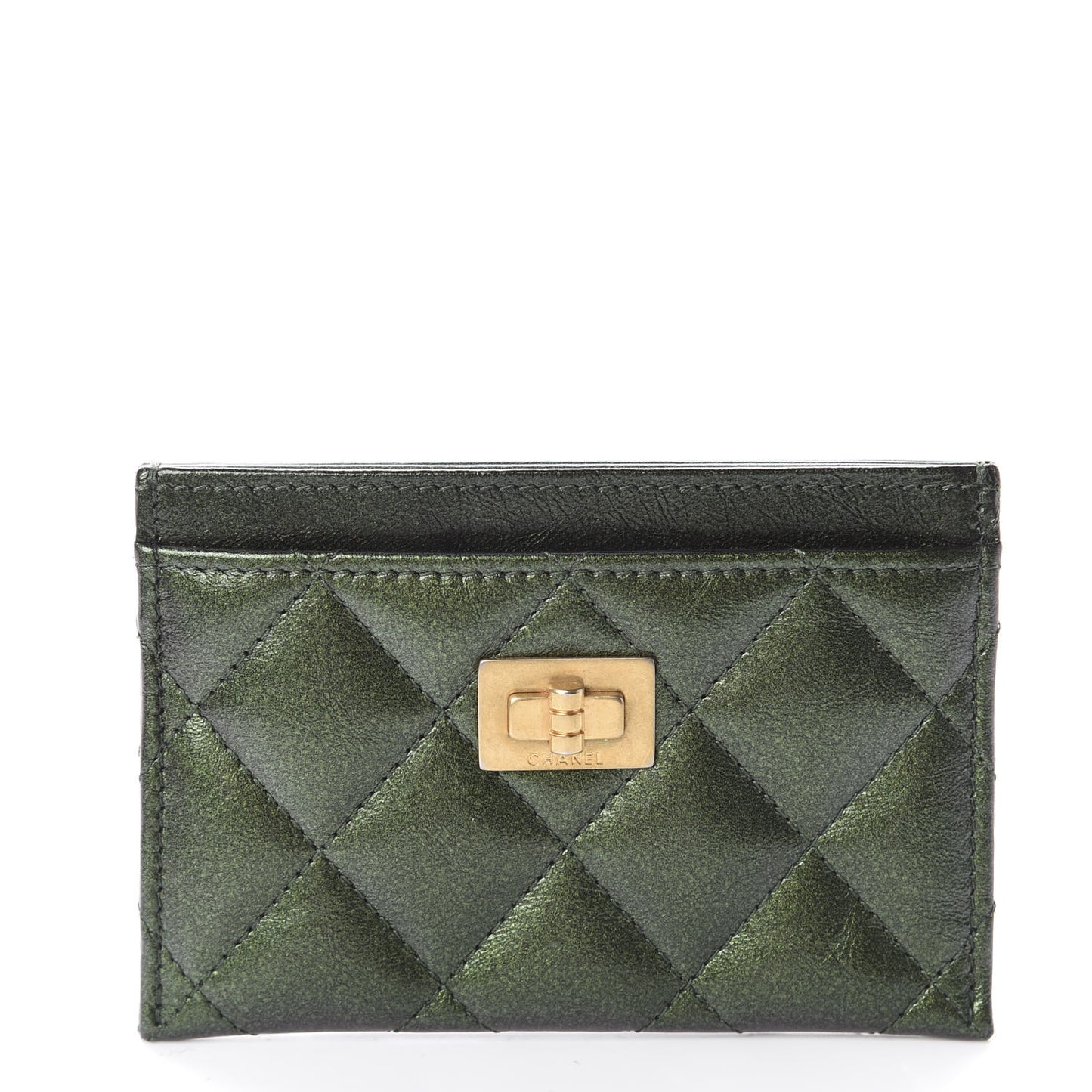 Glittered Aged Calfskin Quilted Reissue Card Holder Green
