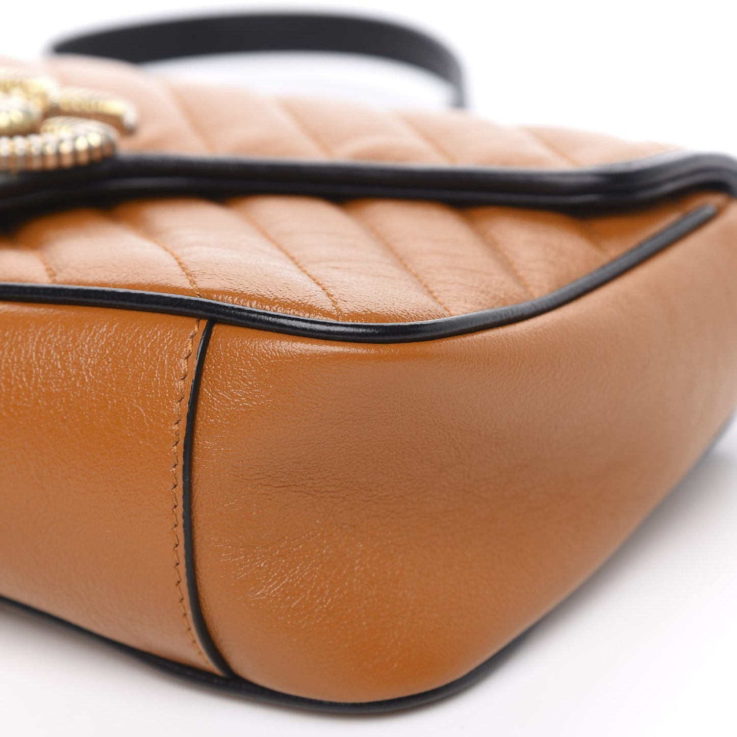 Vintage Effect Calfskin Matelasse Diagonal Small Torchon GG Marmont Shoulder Bag Cognac Black
