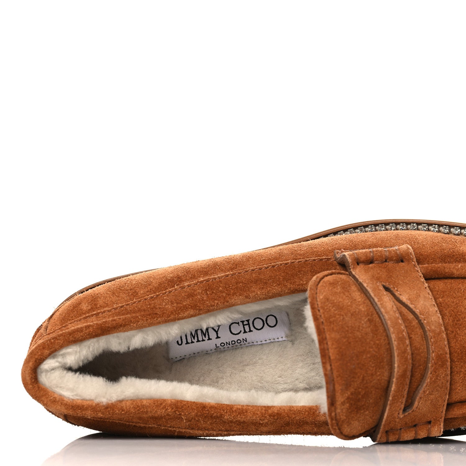 Jimmy Choo Suede Shearling Crystal Deanna Penny Loafers 37.5 Natural Tan 7 of 7