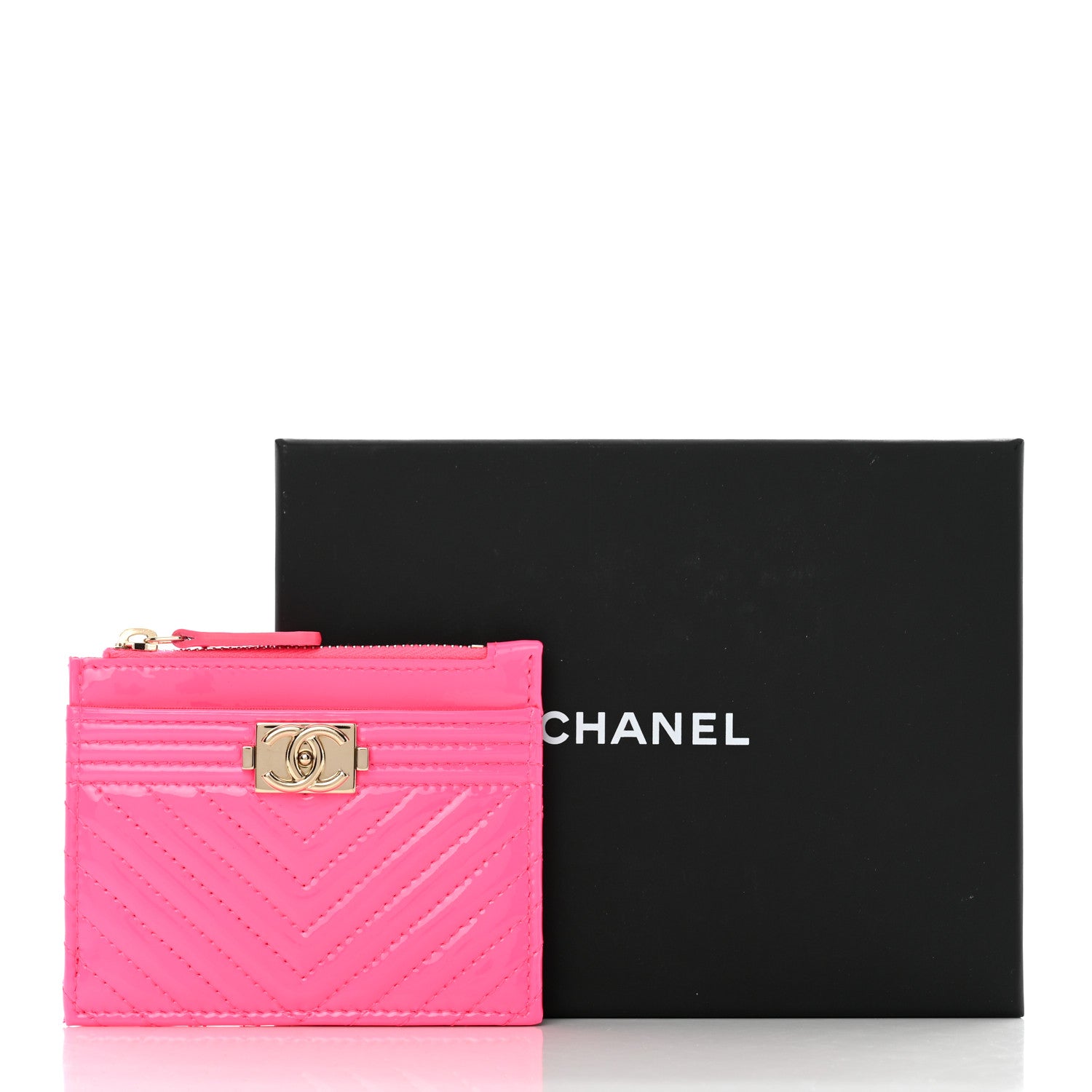 Chanel Patent Chevron Quilted Boy Zip Card Holder Neon Pink 8 of 8