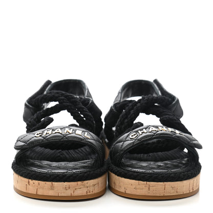 Chanel Cord Lambskin Quilted Logo Sandals 37 Black 2 of 8