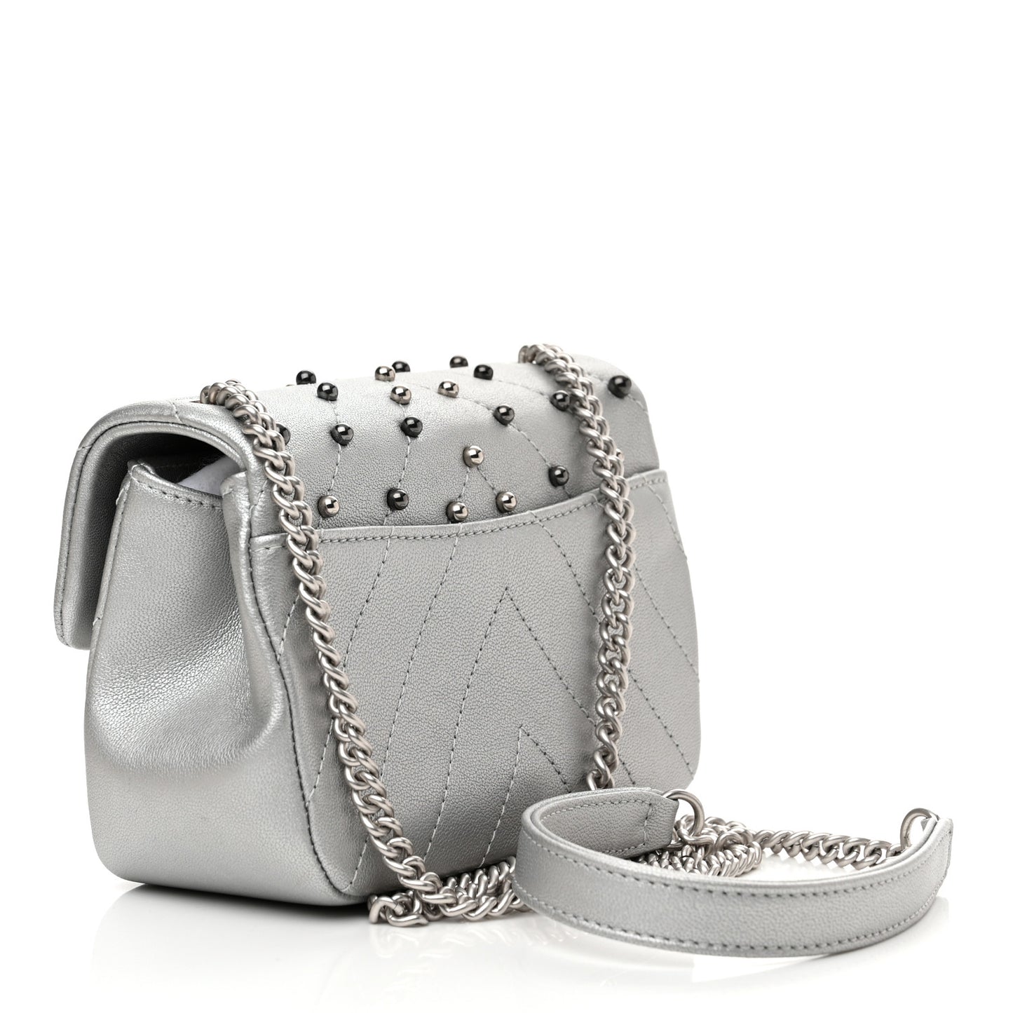 Metallic Lambskin Chevron Quilted Studded Extra Mini Flap Silver