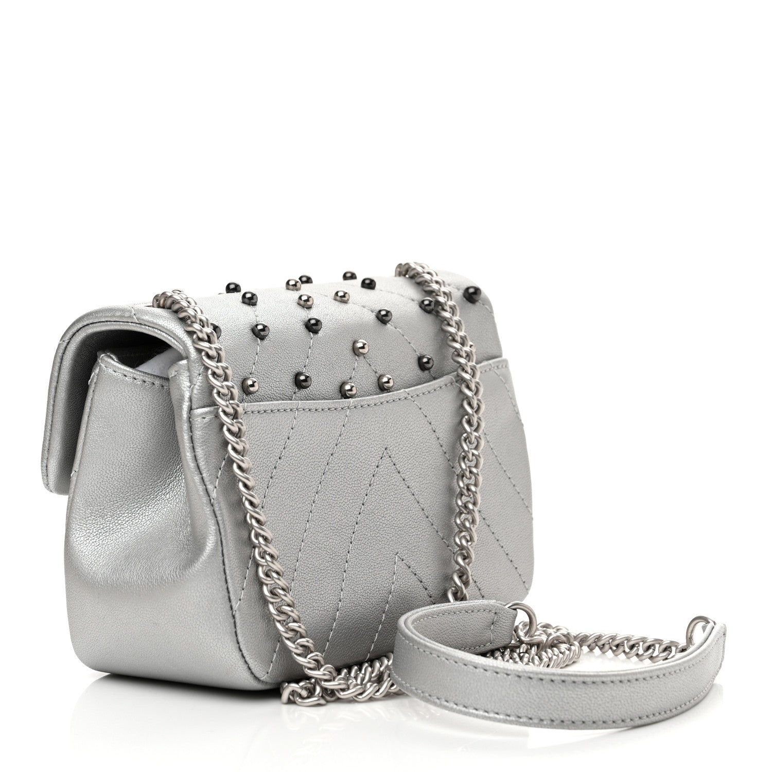 Chanel Metallic Lambskin Chevron Quilted Studded Extra Mini Flap Silver 3 of 9