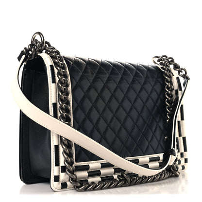 Chanel Calfskin Quilted Checkerboard Trim New Medium Boy Flap Black White 3 of 10