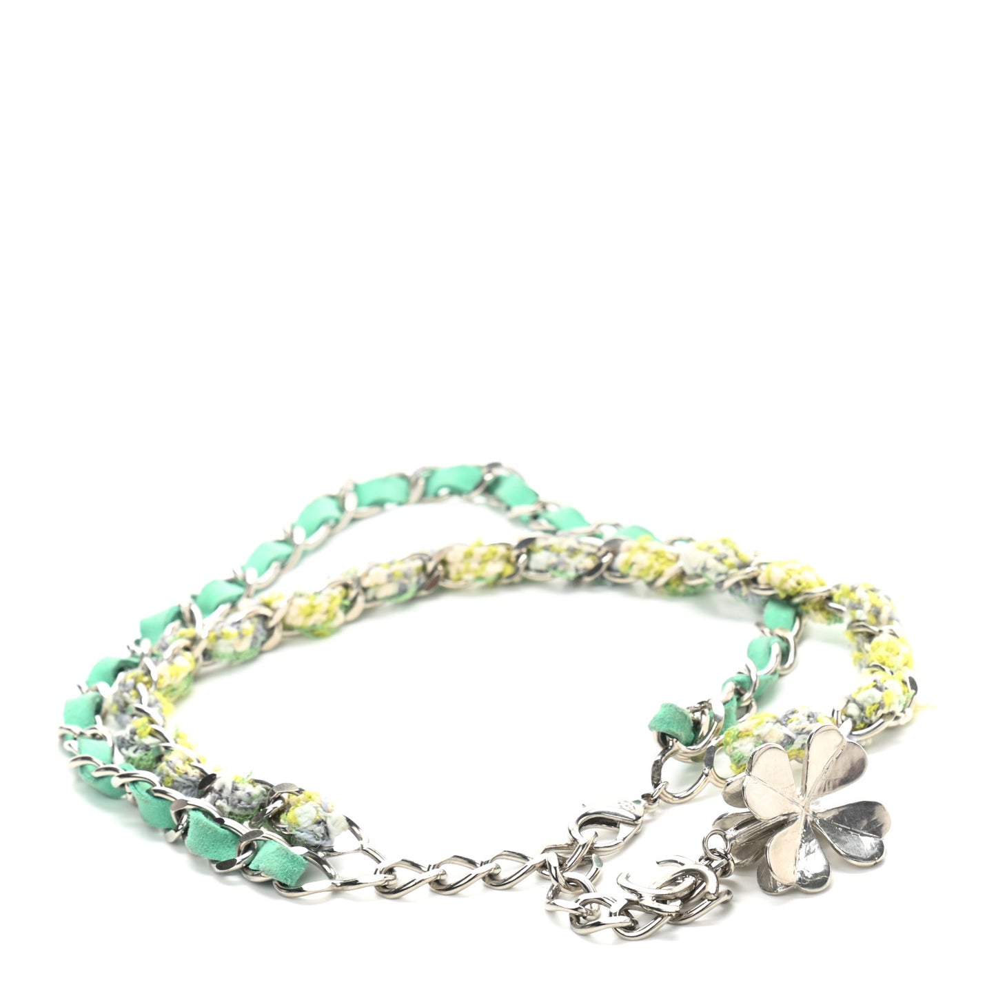Tweed Suede Chain Lucky Charms CC Belt Green Silver