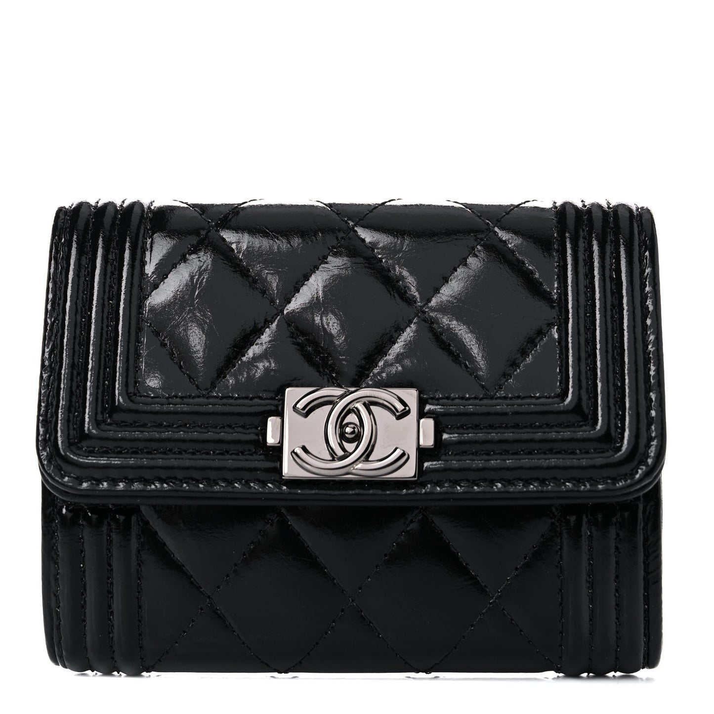 Distressed Patent Quilted Boy Flap Card Holder Wallet Black